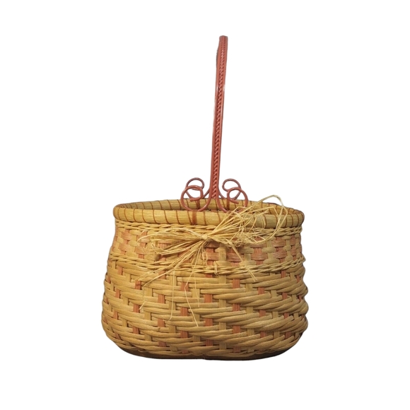 Handmade Woven Wicker Basket w/Wood Bottom Metal-Handle Berry-Picking Prairie - Picture 2 of 7